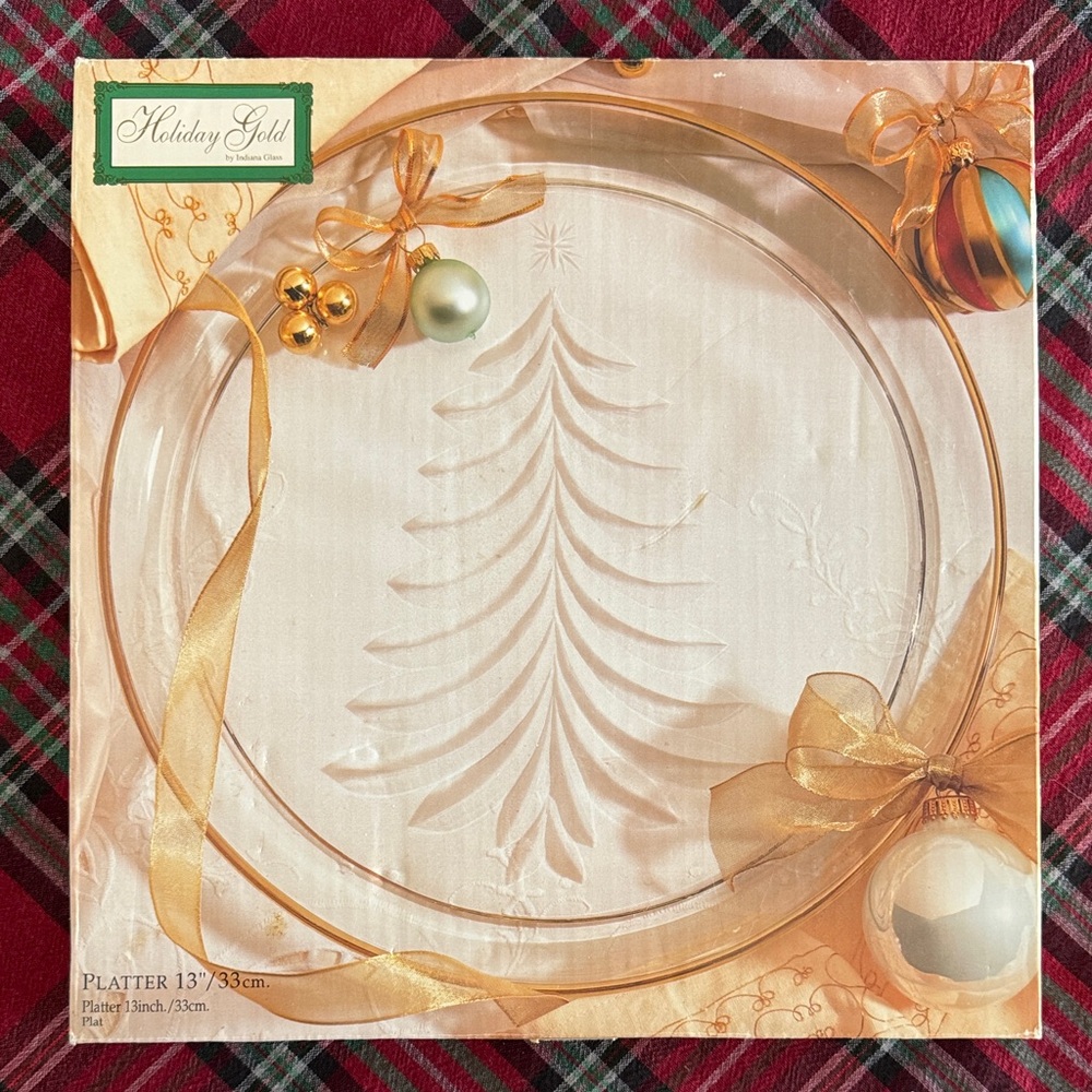 Indiana Glass Holiday Gold Platter with Gold and White Accents